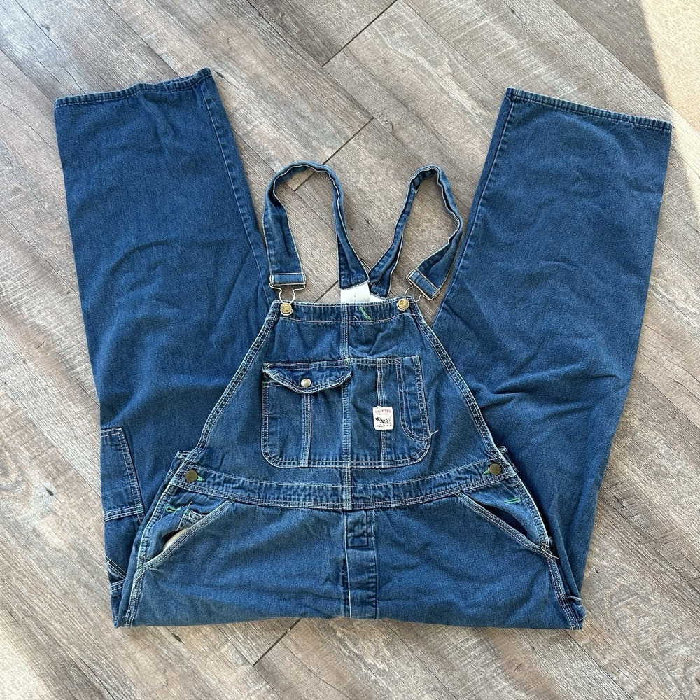 Vintage USA Made Denim Overalls POINTER BRAND Spell-Out Suspenders Men's 42x30